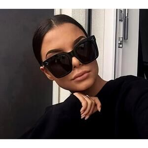 Large Cat Eye Fashion Sunglasses with Silver Accents Black